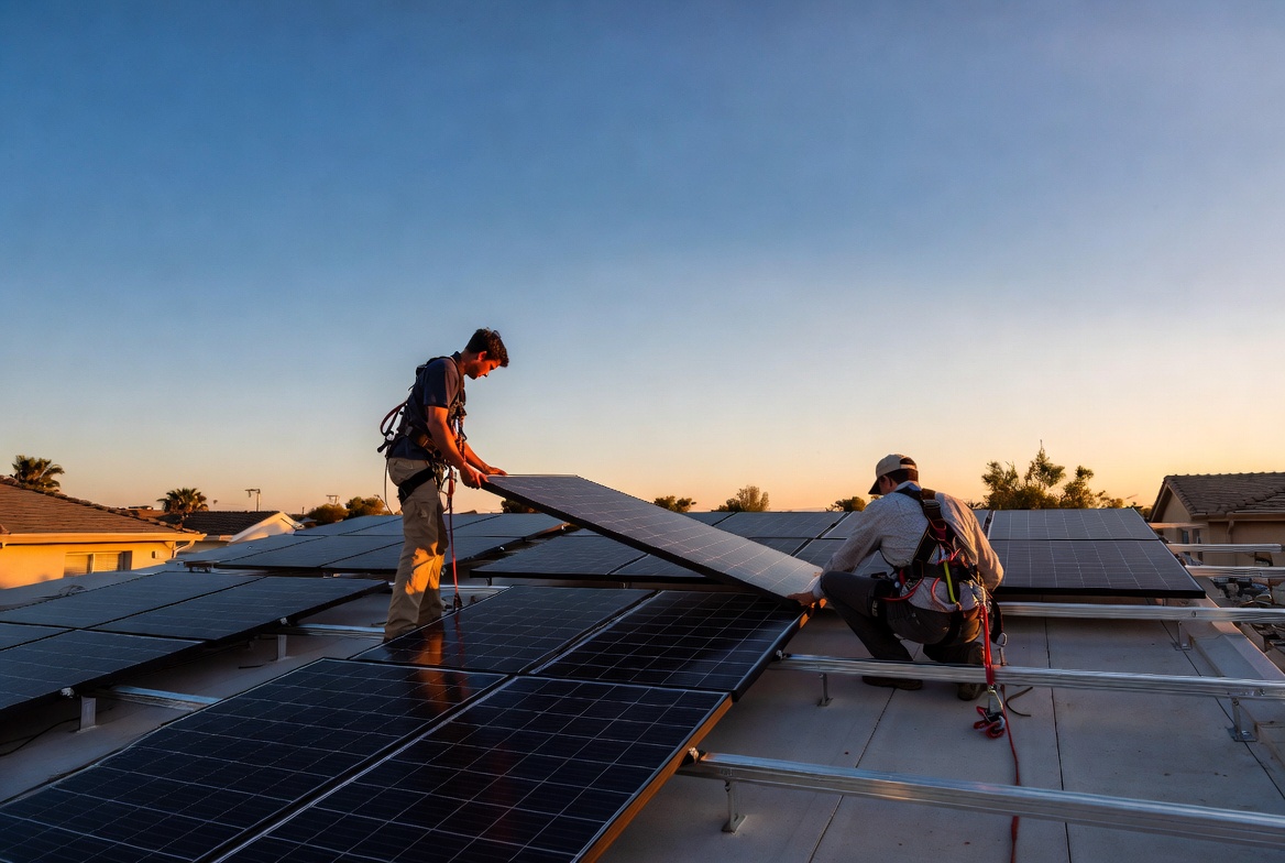 Solar installers mounting rooftop panels at sunset