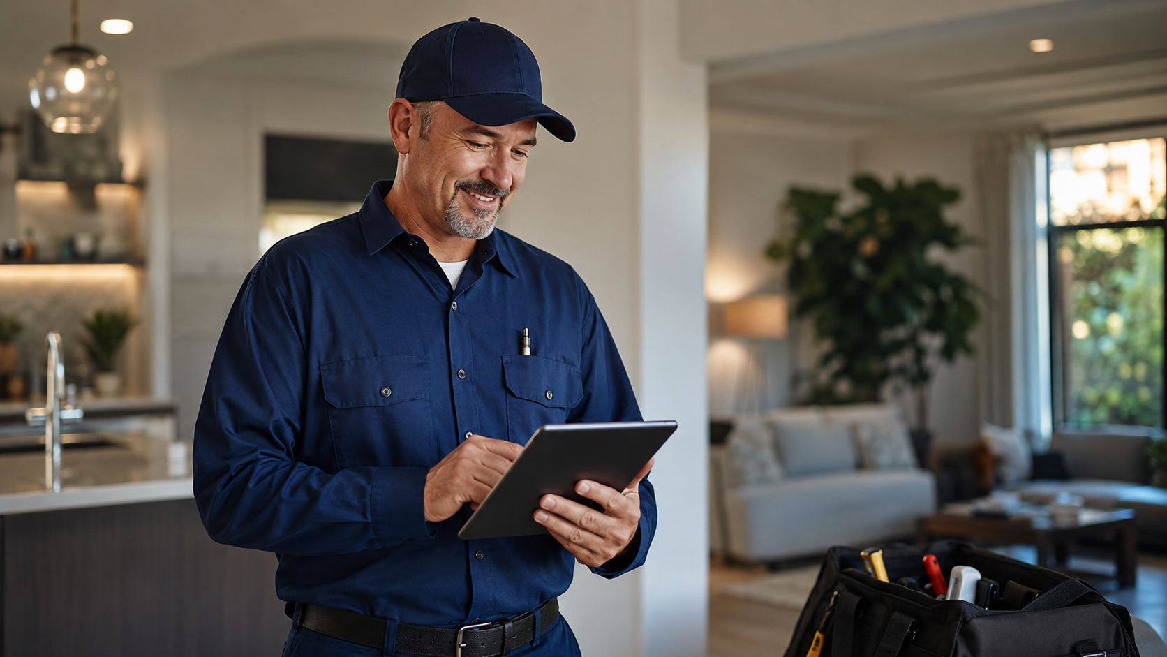 Technician reviewing job details on a tablet in a client's home