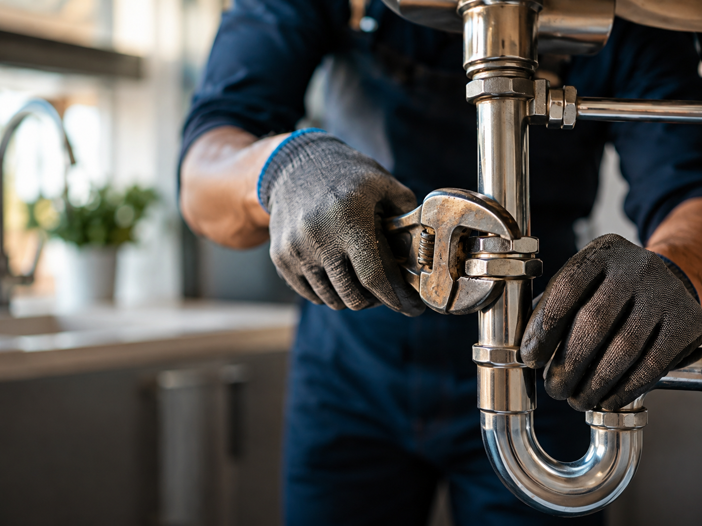 Plumber tightening a pipe fitting under a sink