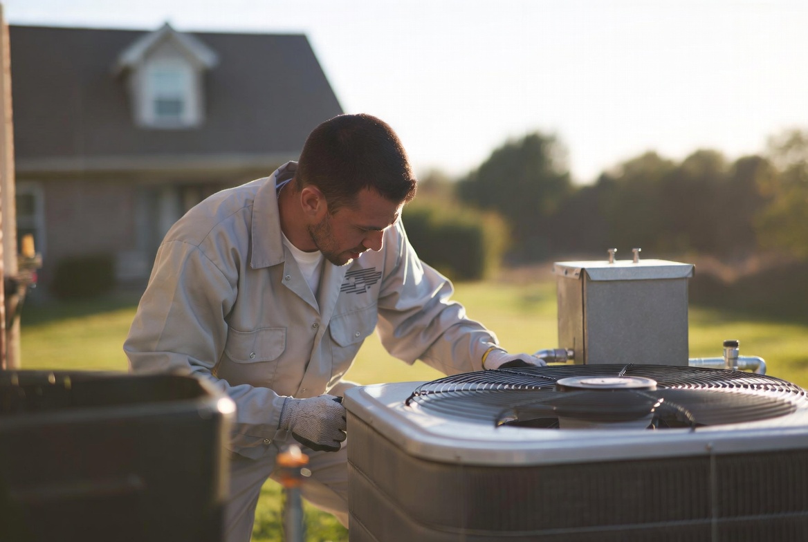 HVAC technician servicing an outdoor condenser unit